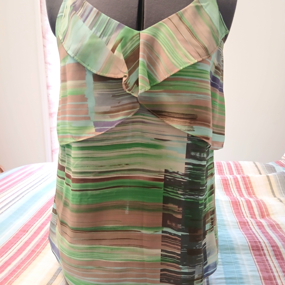 CAbi Green and Brown Striped Tank Top